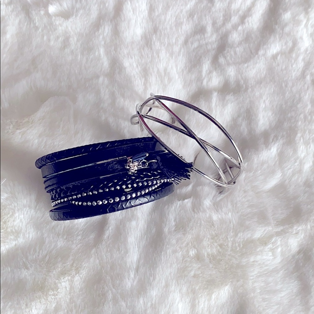 Black wrap bracelet & silver adjustable bracelet
